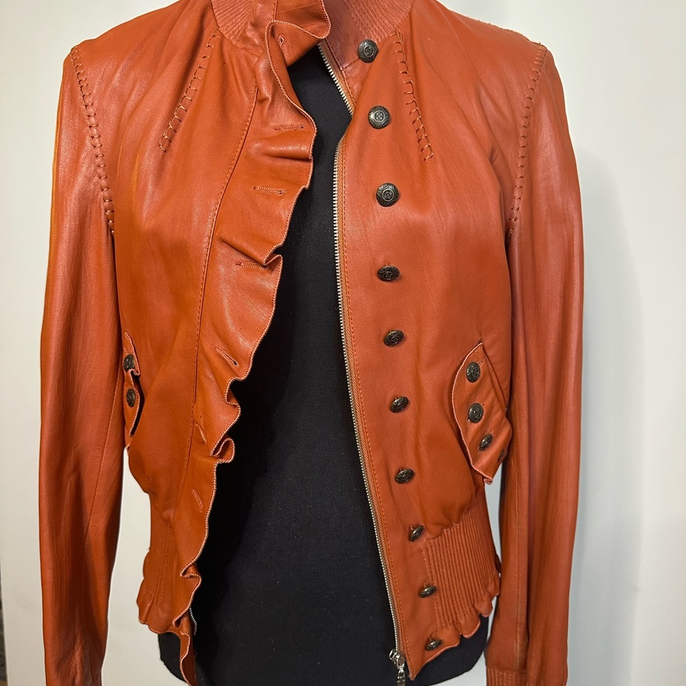Vintage Cognac Leather Ruffle Peplum Jacket |Statement Jacket - Picture 11 of 15